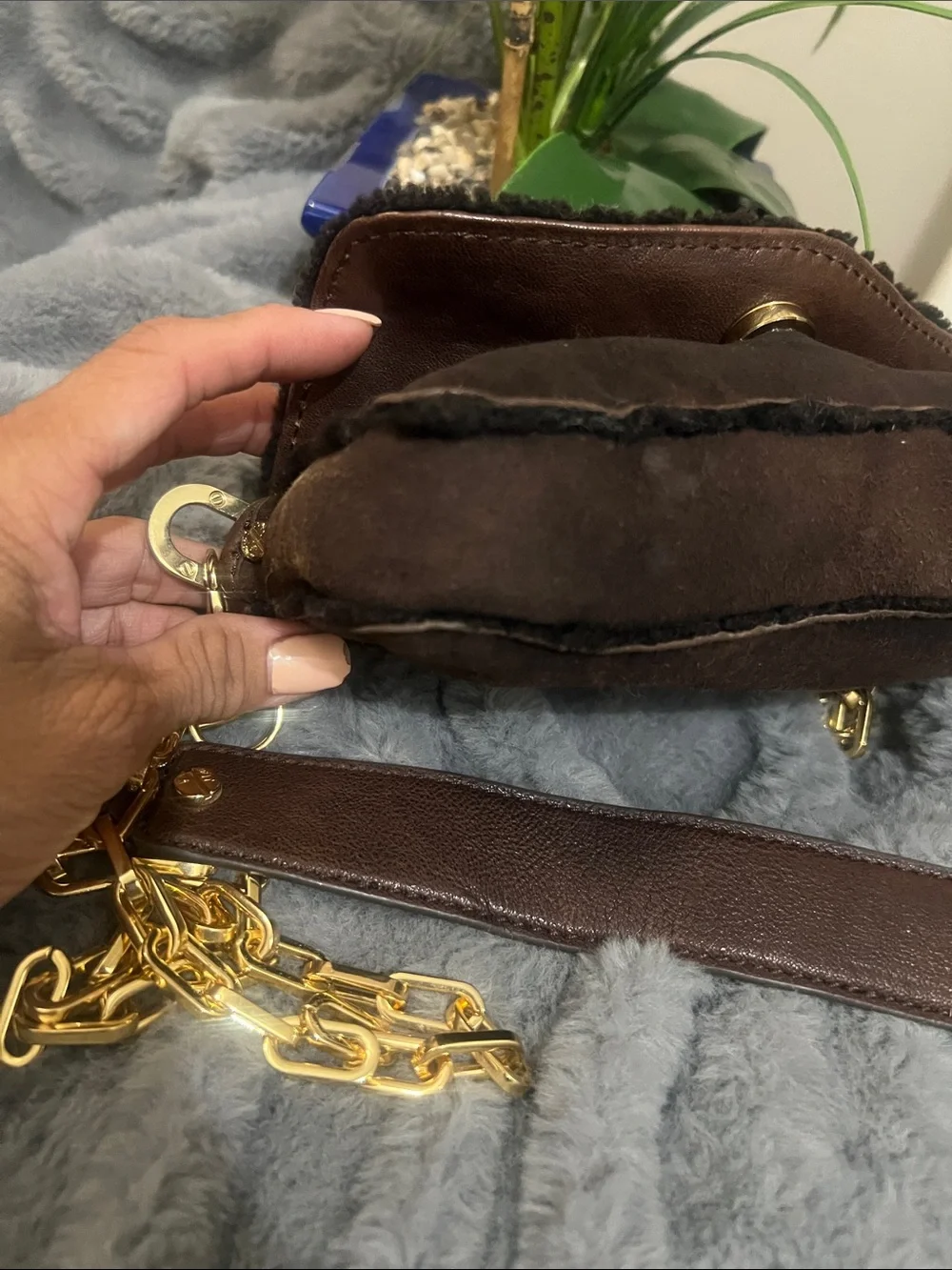 Tory Burch Dark Brown Suede and Shearing Mini Shoulder Bag with Gold Logo GUC